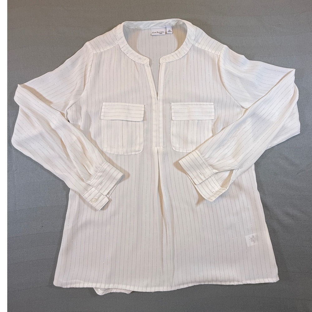 Kim Rogers Petite White Silver Metallic Pinstripe Blouse Split Neck PS 2495